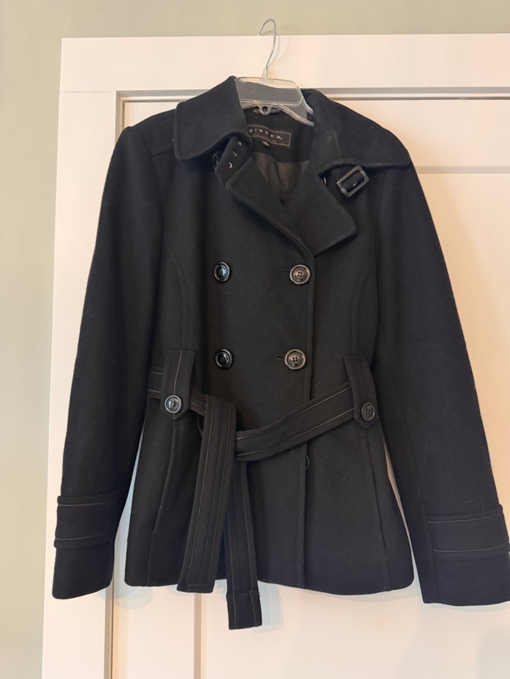 giacca Black Double-Breasted Wool Pea Coat with Belt